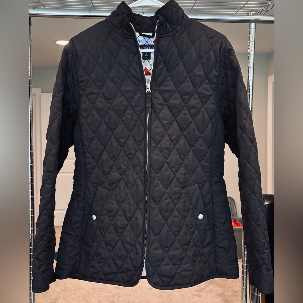 Lands’ End quilted lightweight jacket black with diamond graphic pink size S 2-4